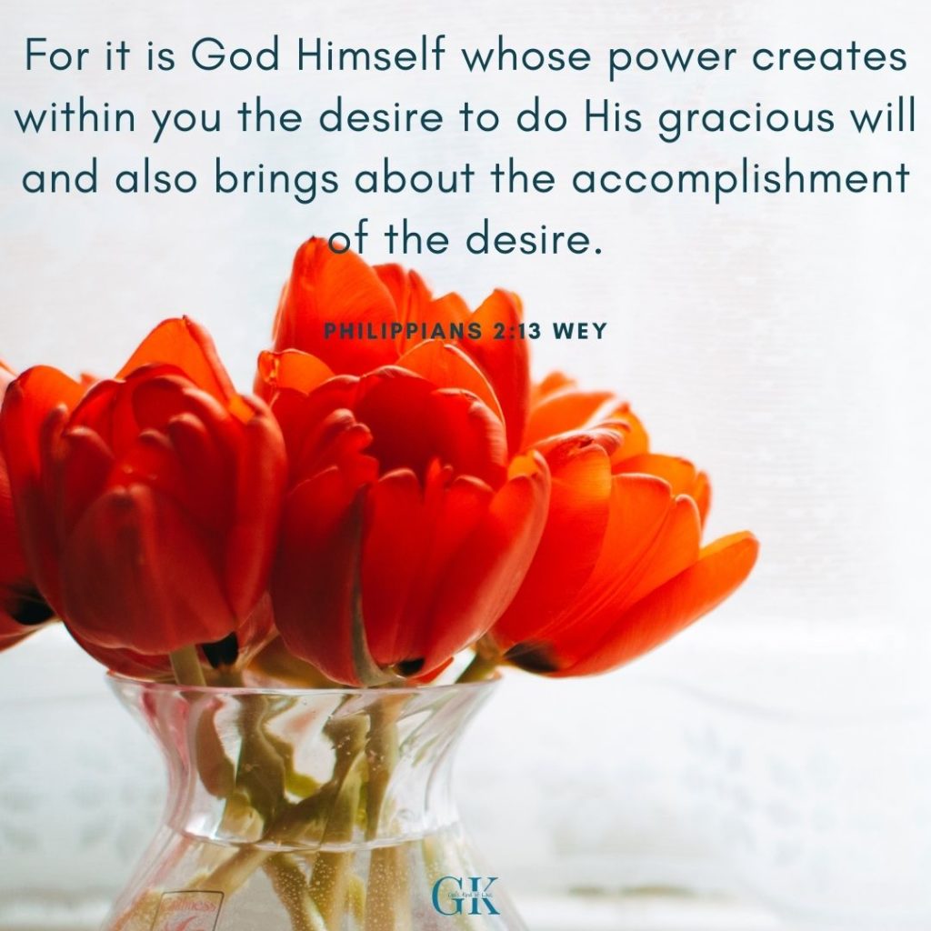 For it is God Himself whose power creates within you the desire to do His gracious will and also brings about the accomplishment of the desire. Philippians 2:13 WEY